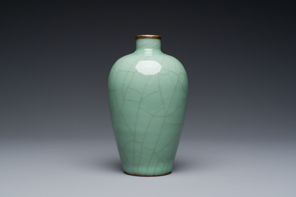 A Chinese Longquan celadon vase with gilt-bronze mount, Ming