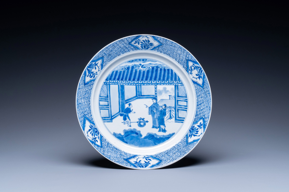 A Chinese blue and white 'Xi Xiang Ji' dish, Jiajing mark, Kangxi