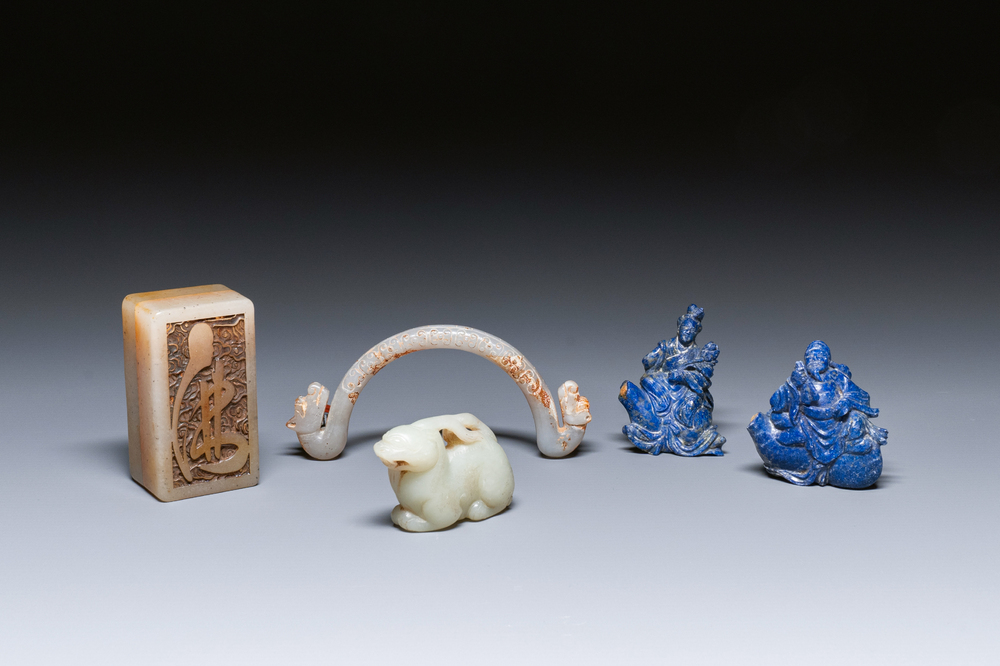 Five Chinese jade and lapis lazuli carvings, 19/20th C.