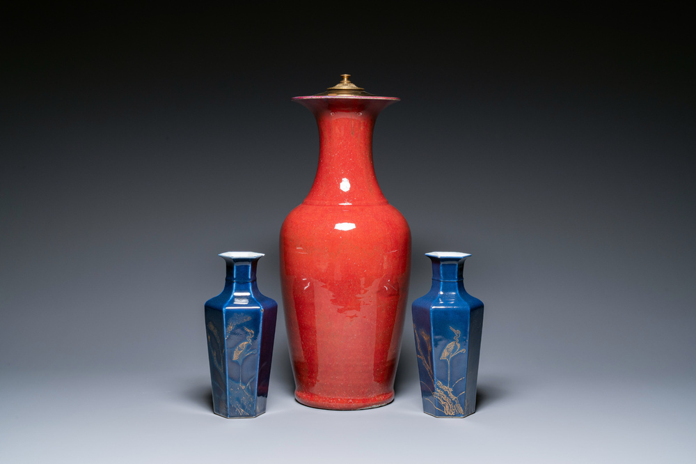 A Chinese sang-de-boeuf-glazed vase and a pair of gilt-decorated blue-glazed vases, 19th C.