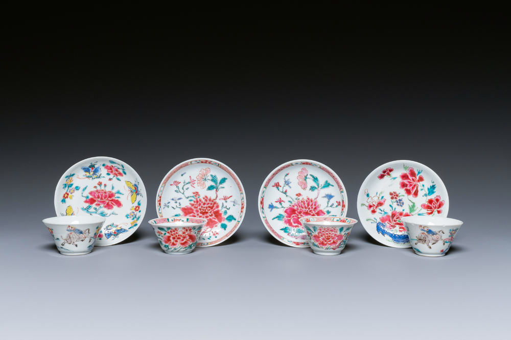 Four Chinese famille rose cups and saucers, Yongzheng