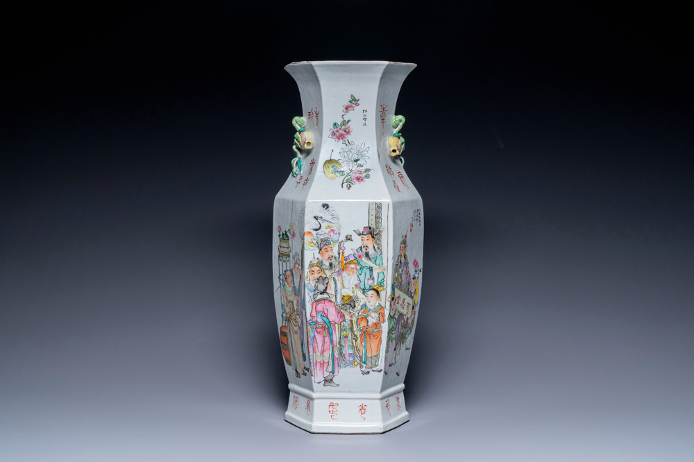 A Chinese hexagonal qianjiang cai vase, signed Wang Qi 王琦, 19/20th C.