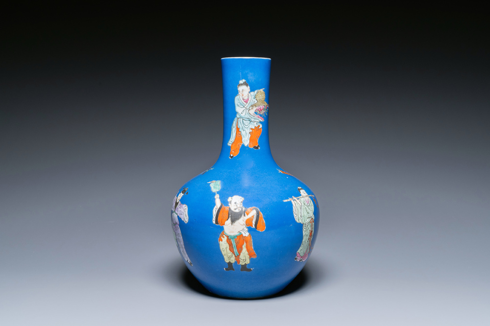 A Chinese famille rose blue-ground bottle vase, Qianlong mark, Republic