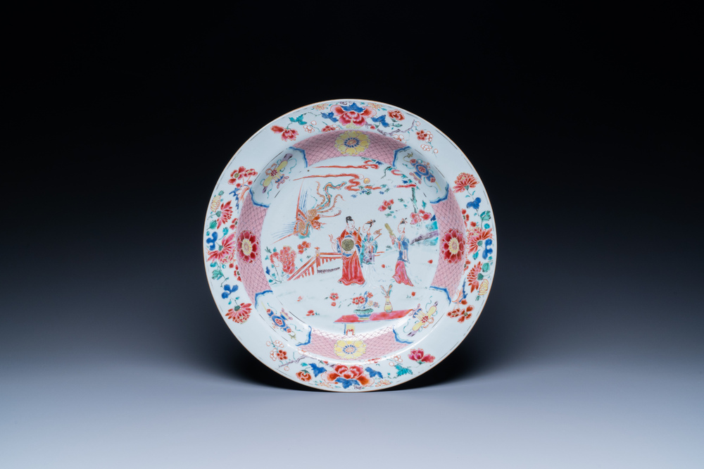 A deep Chinese famille rose dish with figurative design, Yongzheng