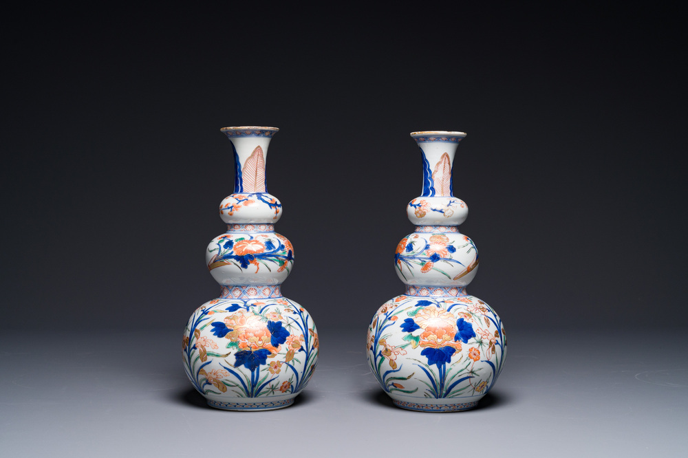 A pair of Chinese verte-Imari triple gourd vases, Kangxi