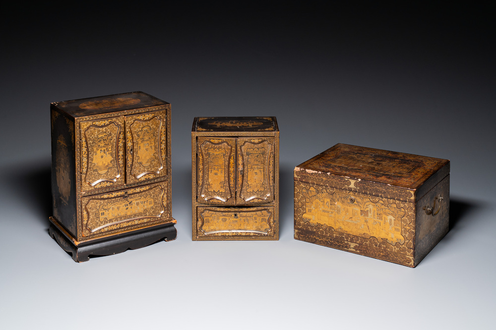 Two Chinese Canton gilt black lacquer miniature cabinets and a box, 19th C.