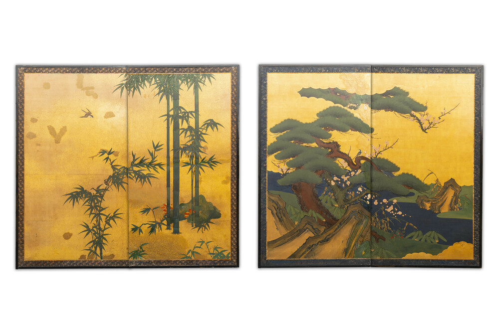 Deux paravents 'byobu' en papier peint, Japon, Meiji, 19&egrave;me