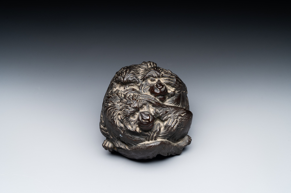 A Japanese bronze okimono with three monkeys, Yoshinobu seal mark ...