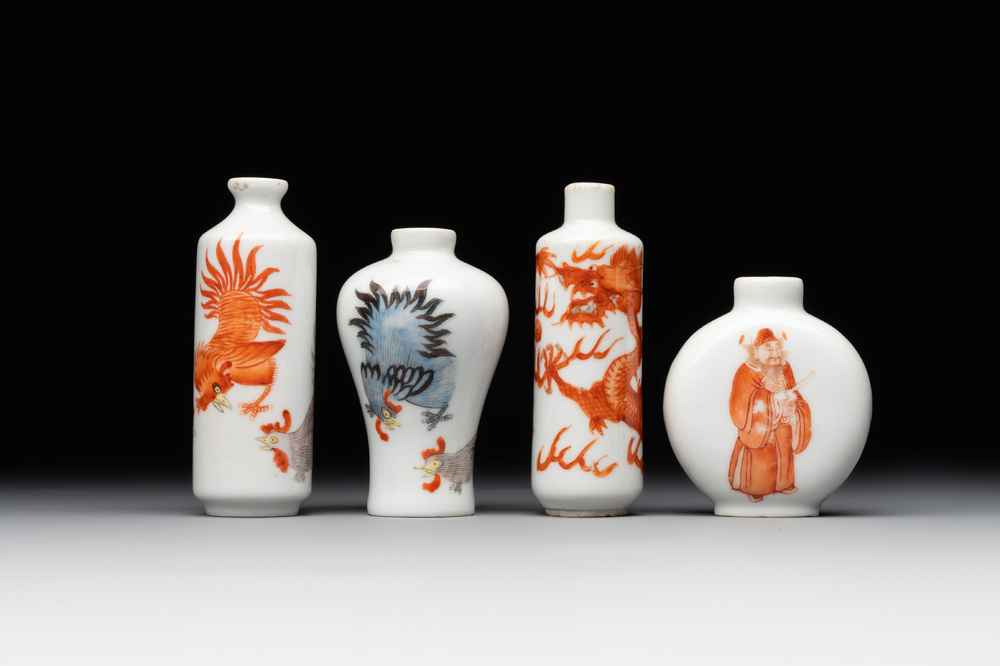 Three Chinese iron-red snuff bottles and one polychrome snuff bottle, Qianlong and Jie Mei Ya Zhi 介眉雅製 mark, 19th C.