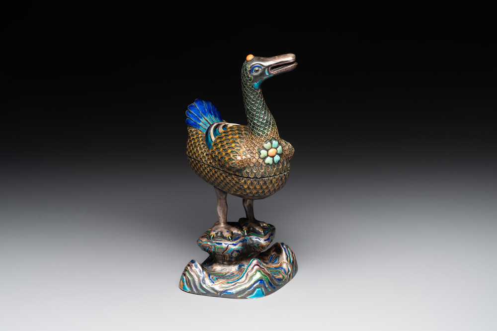 A rare Chinese turquoise and red coral inlaid silver enamelled duck ...