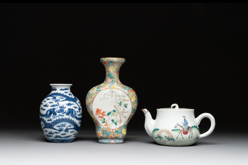 A Chinese blue and white 'dragon' vase, a famille rose 'millefleurs' vase and a teapot, Qianlong mark, 19/20th C.