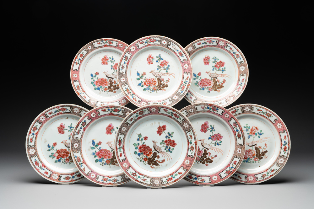 Eight Chinese famille rose 'pheasant and peonies' plates, Qianlong