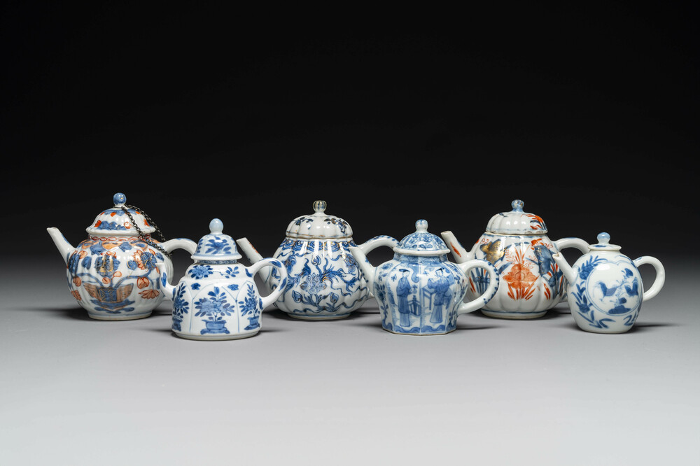 Six Chinese blue, white and Imari-style teapots, Kangxi/Yongzheng