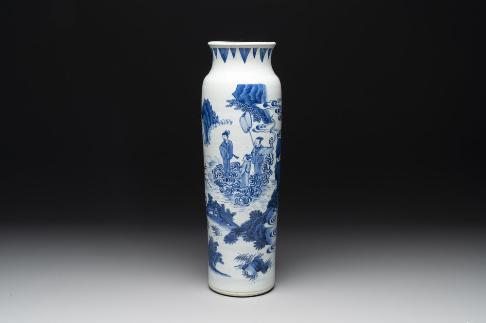 A fine Chinese blue and white sleeve vase with narrative design, Transitional period