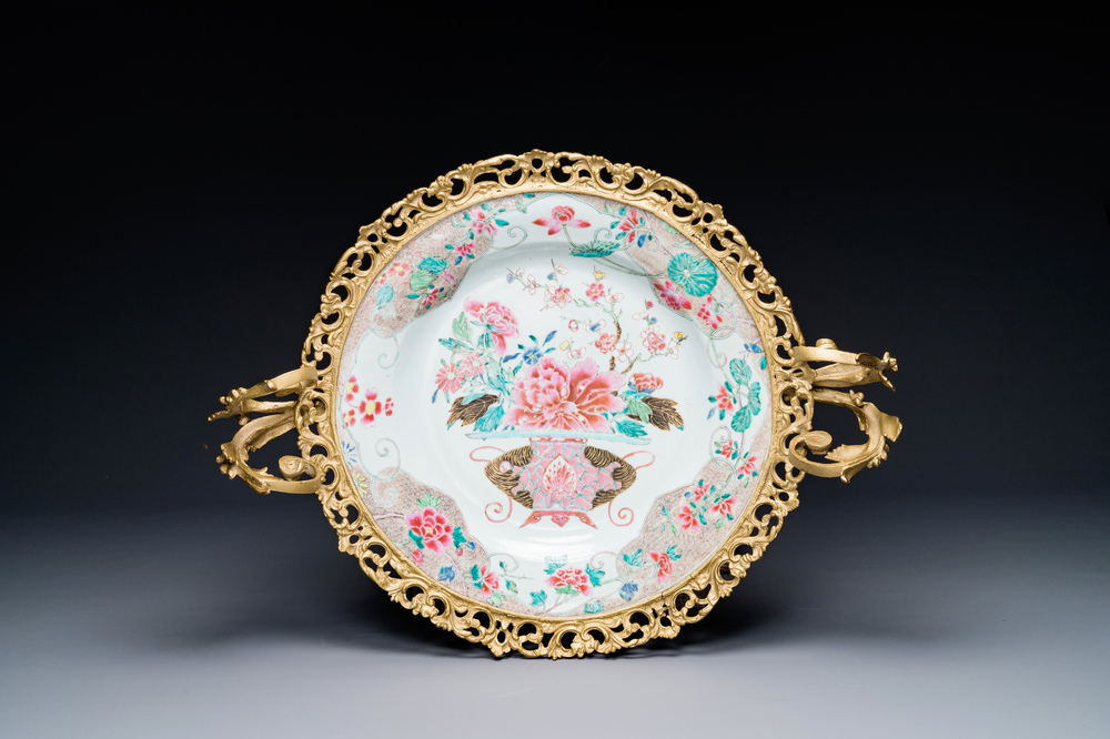 A Chinese famille rose gilt-bronze-mounted 'flower basket' dish, Yongzheng