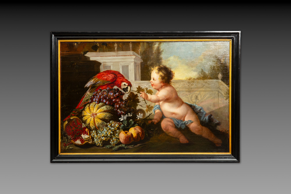 Jan Anton Garemijn (Bruges, 1712-1789): 'Putto with Parrot', oil on canvas, 18th C.