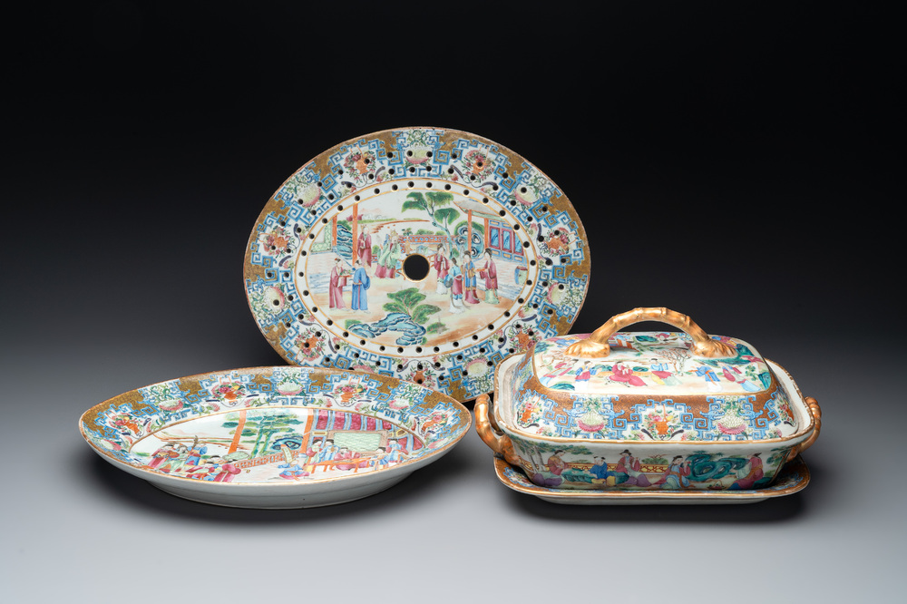 A Chinese Canton famille rose 'mandarin subject' oval dish, a strainer, a covered tureen and stand, 19th C.