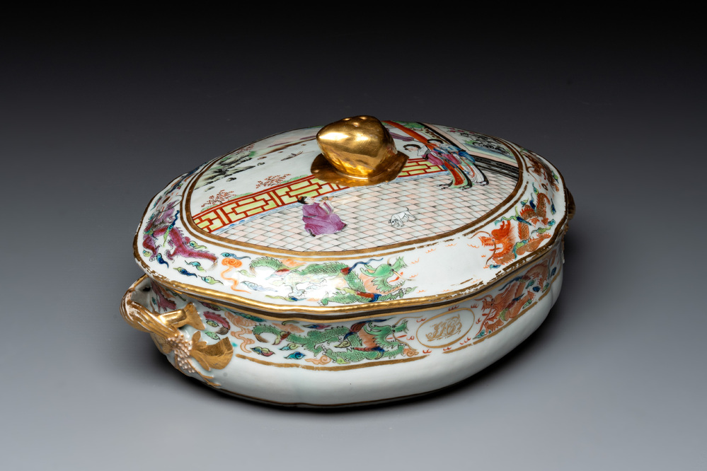 A Chinese export famille rose 'JFCB' monogrammed tureen and cover with narrative design, 19th C.