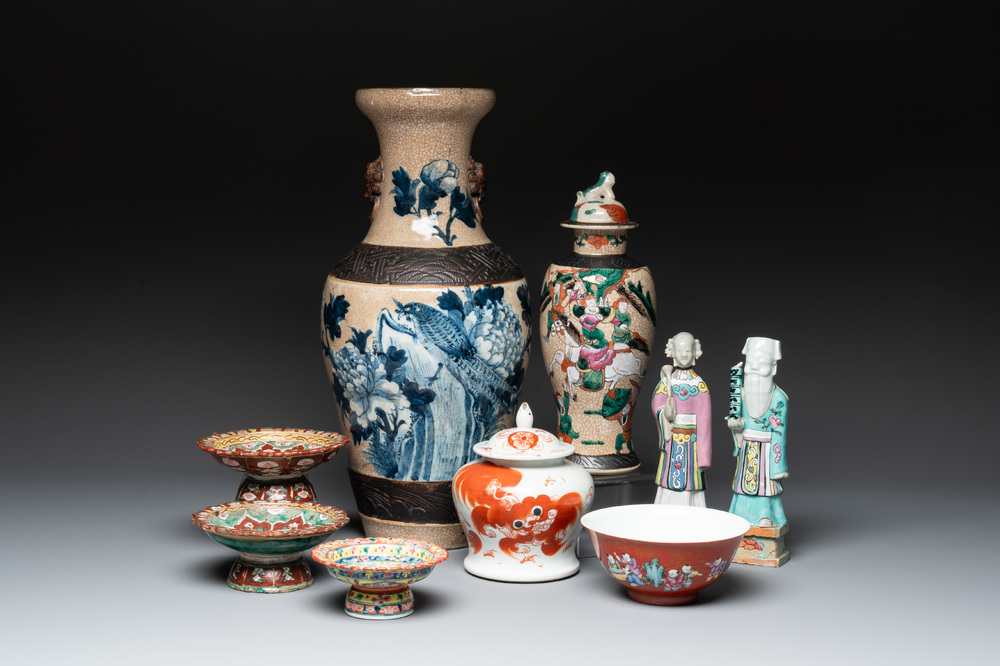 Nine famille rose and blue and white wares, signed Xu Shenmao徐甡茂, Jiaqing and Chenghua mark, 19/20th C.