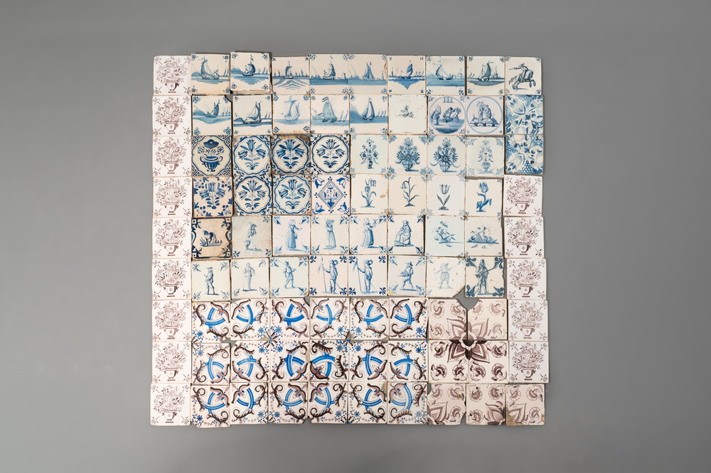 90 manganese, blue and white Dutch Delft tiles, 17/18th C.