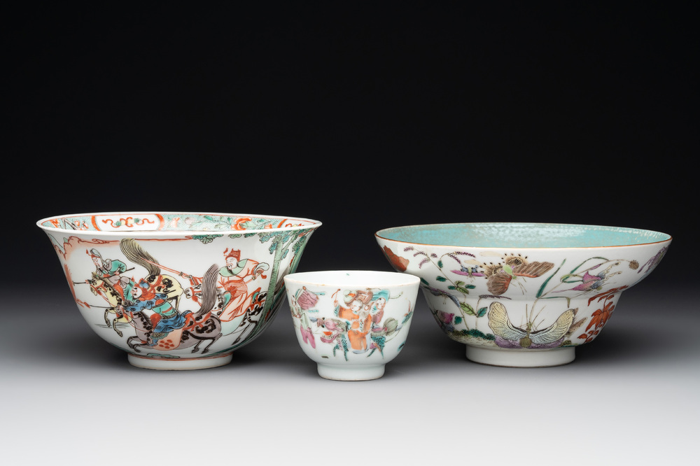 A Chinese famille rose 'butterflies' bowl, a 'boys and kilin' cup and a famille verte 'warriors' bowl, Jiaqiang mark and of the period and 19th C.