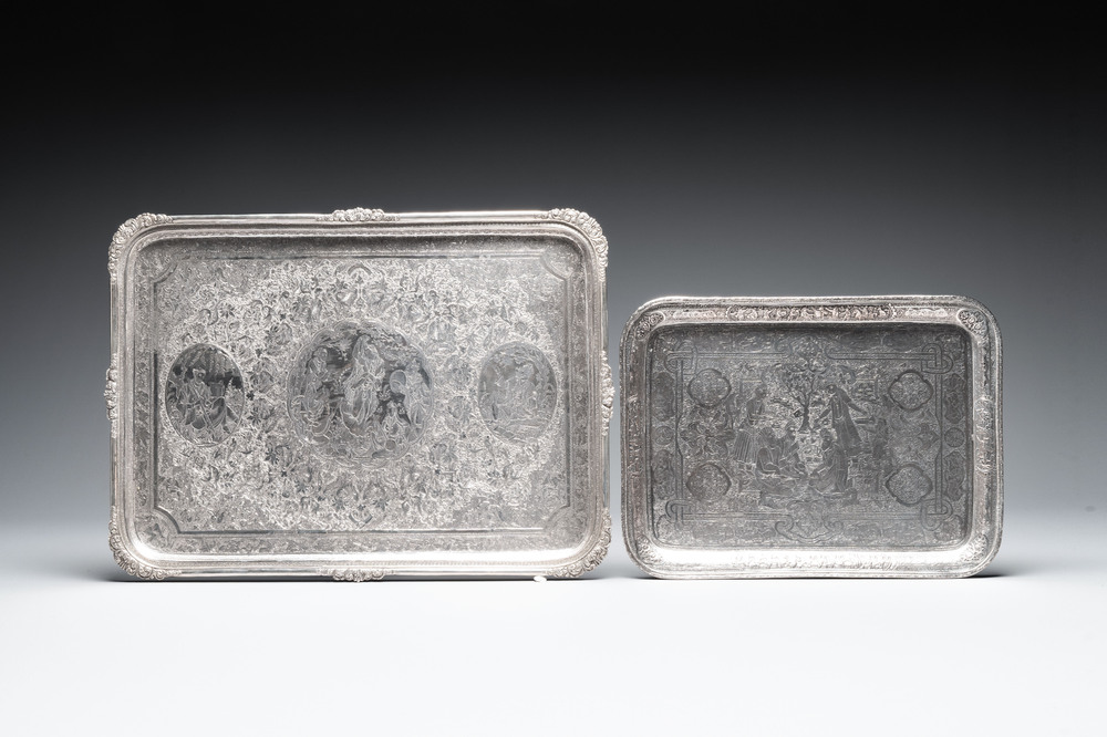 Two silver trays with engraved figural design, Iran, 20th C.