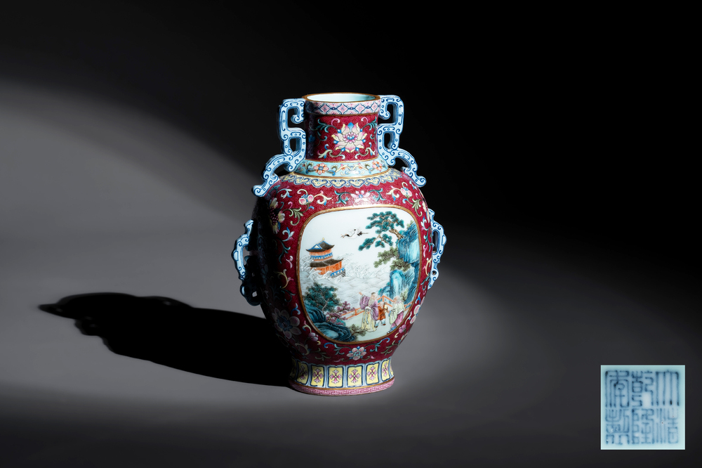 A fine Chinese famille rose ruby-sgraffito-ground 'Hai Wu Tian Shou 海屋添壽' vase with 'chilong' handles, Qianlong mark and of the period