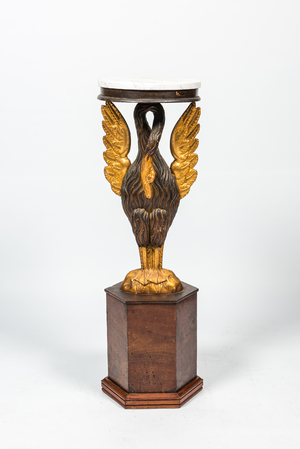 A partly gilt and patinated wooden 'swan' stand with marble top, 19th C.