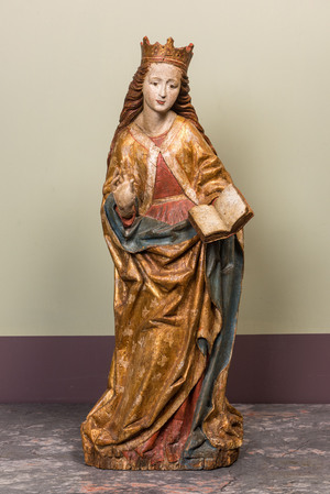 Sainte reine en tilleul sculpté, polychromé et doré, Allemagne du sud ou Salzbourg, début du 16ème