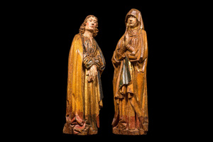 Importante Vierge et Saint Jean de calvaire en noyer sculpté, polychromé et doré, Flandres, Brabant, fin du 15ème