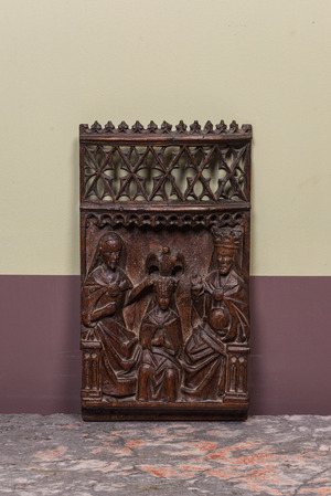 A Flemish carved oak panel depicting the crowning of the Virgin, Brabant, 1st half 16th C.