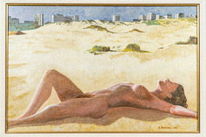 Signé L. Desamory: 'Bronzage dans les dunes', acrylique sur board, daté 1987