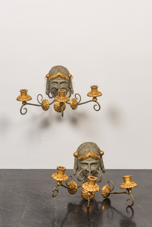 A pair of large gilt brass candelabra on red marble bases, 19th C. - Rob  Michiels Auctions