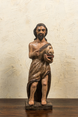 Saint Jean à l'agneau en bois sculpté et polychromé, 17ème