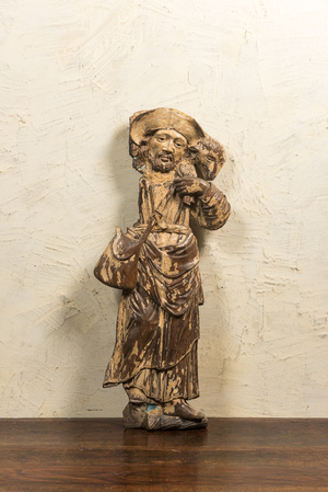 A large oak wooden figure of Jesus the Good Shepherd with traces of polychromy, late 16th C.