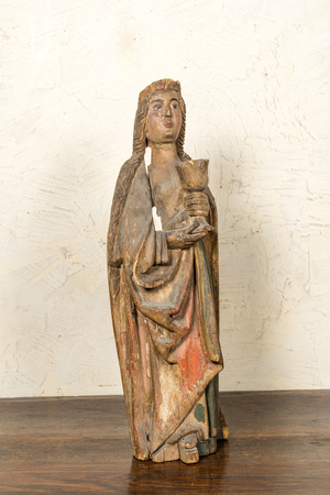 Sainte Odile tenant une calice en tilleul sculpté et polychromé, Allemagne, Rhin moyen, début du 16ème