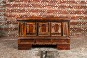 A partly polychromed wooden chest on stand, probably Germany, ca. 1700