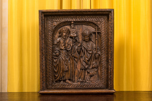 Panneau en chêne sculpté représentant Saint Jacques et un évêque, Pays-Bas, fin du 15ème