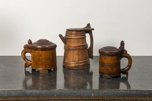 Drie houten bierpullen, Scandinavië of Duitsland, 17/19e eeuw