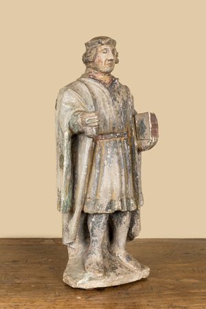 Homme noble en pierre sculptée et polychromée, probablement France, 16ème