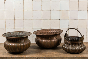 Two hammered brass basins and a handled kettle, Italy, 17th C. and later