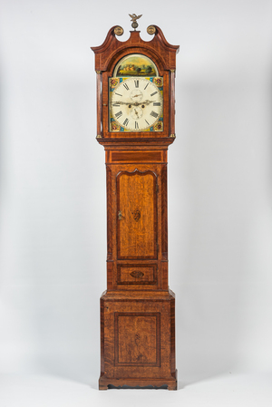 An inlaid wooden longcase clock, probably Scotland, 19th C.