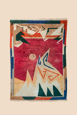 Een Frans designtapijt met geometrische motieven, wol op katoen, eerste helft 20e eeuw
