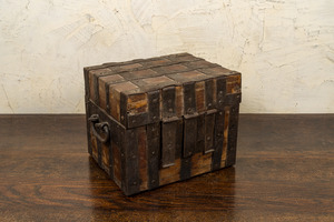 A wrought iron-mounted wooden box, 18/19th C.