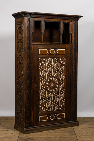 A wooden one door cupboard with islamic style bone-inlaid geometrical pattern, Northern Africa, 19/20th C.