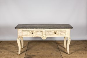 A Louis XV-style patinated oak wooden console table with bluestone top, 18/19th C.