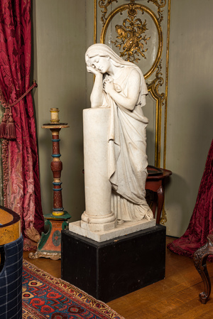 A large marble sculpture of a weeping lady or pleurant resting on a column, France, 19th C.