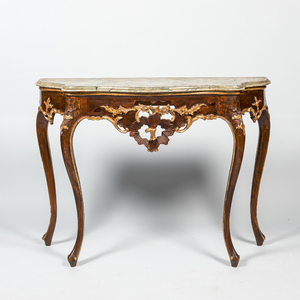 A Louis XV-style patinated wooden console with faux marble top, 19/20th C.