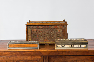 Two bone-inlaid wooden boxes and a leather-mounted coffer with brass mounts, India and Northern Africa, 19/20th C.