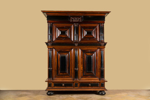 A Dutch oak, walnut veneer and ebonised wooden 'Kussenkast' cupboard, 17th C.